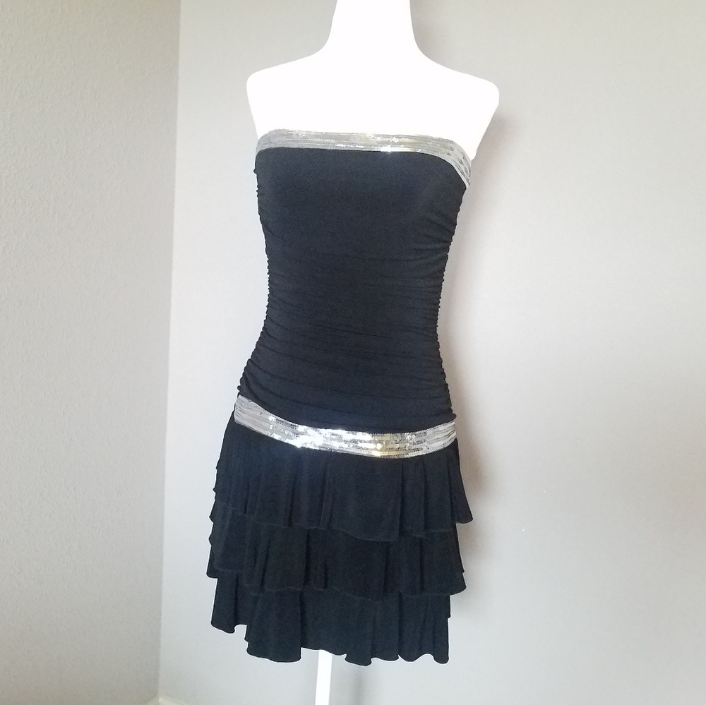 Black Strapless Ruffled Evening Dress